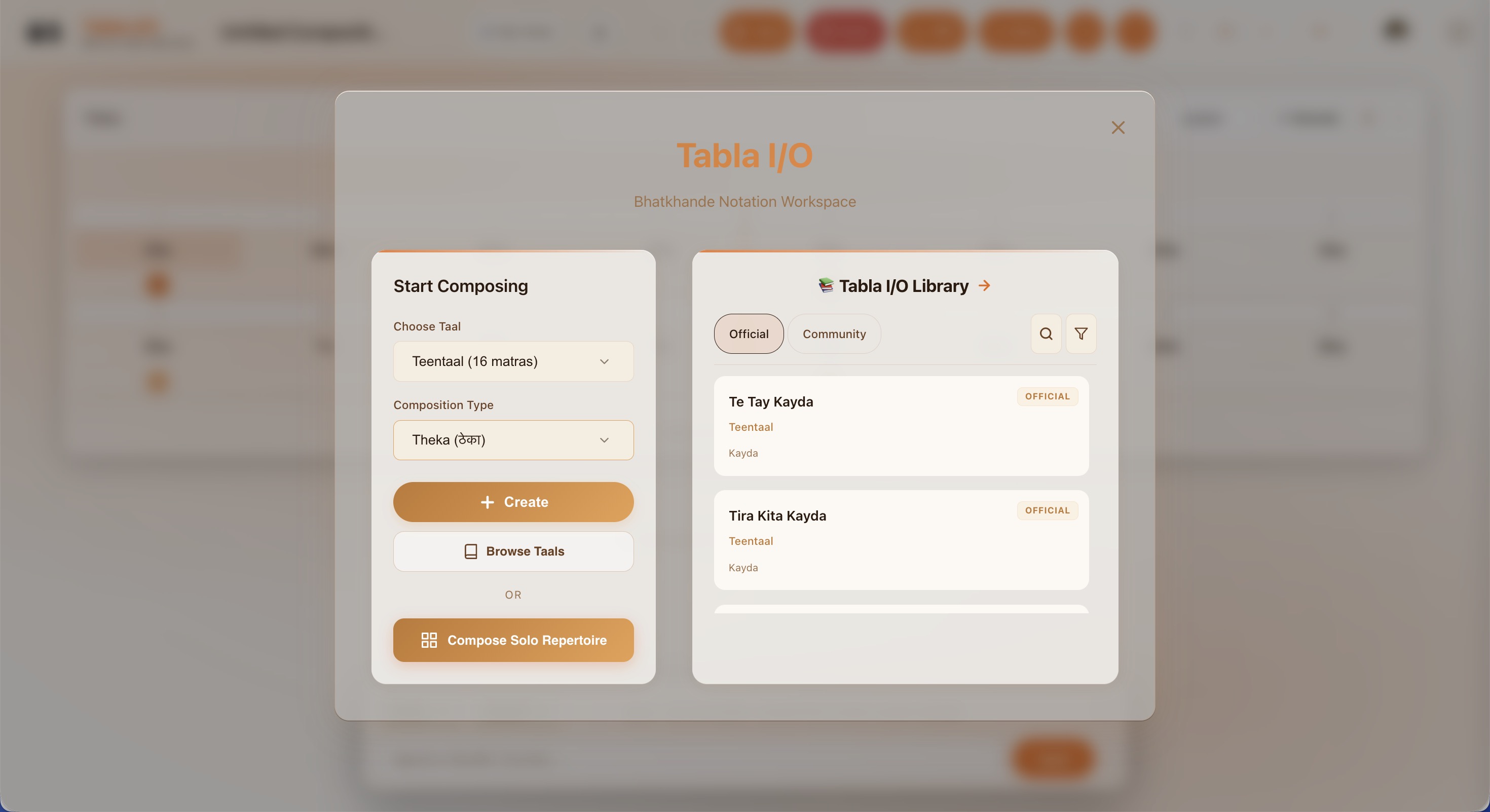 Home screen with taal and composition type selection
